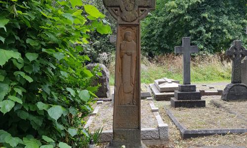 Emmeline Pankhurst’s gravestone, red sandstone. Brompton cemetery, London