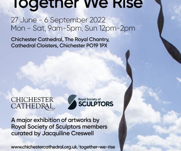 Image with Together We Rise information against a blue sky with clouds and details of a sculpture