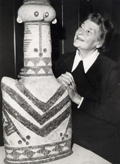 Barbara Tribe with one of her totemic sculptures