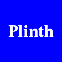Plinth logo in white font against bright blue background