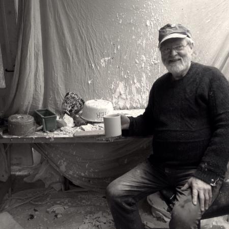 Clive Duncan FRSS taking a break in the studio having a cup of tea